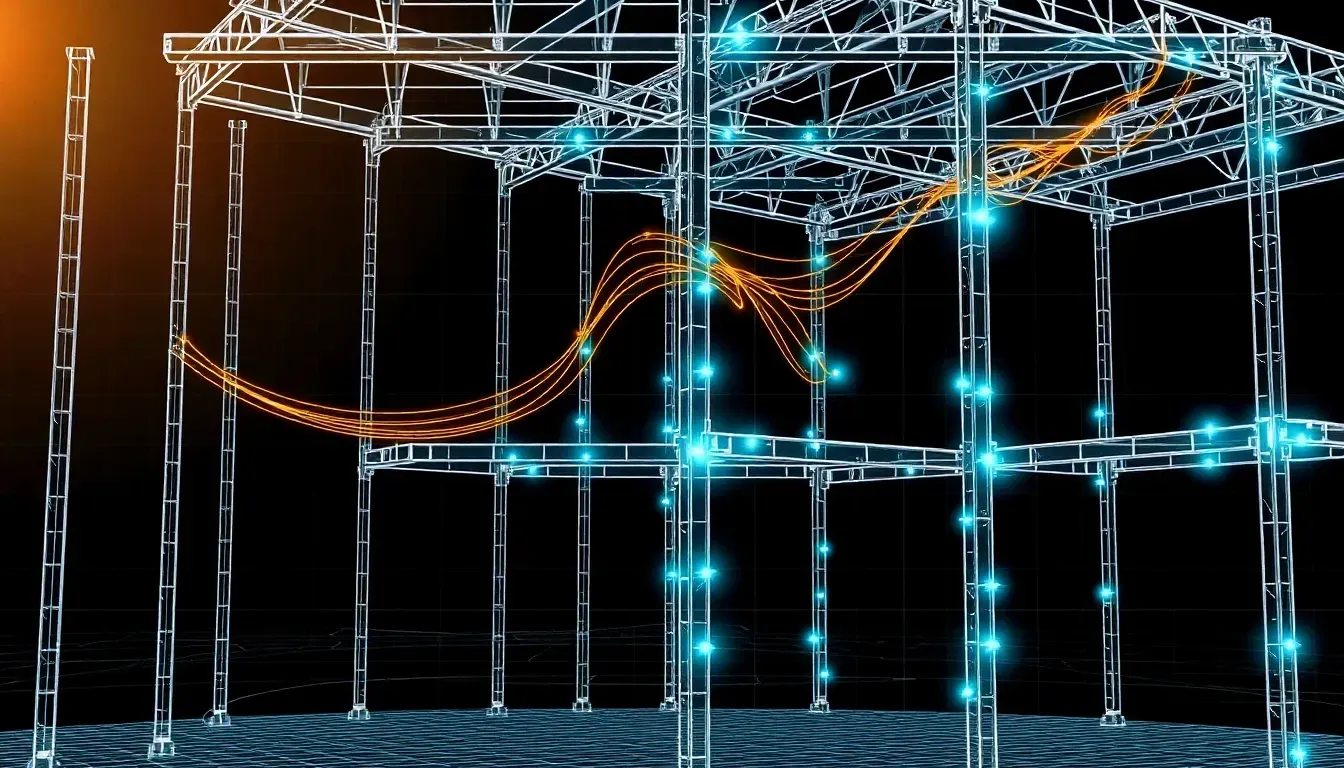 Mitre Wharf steel-frame wireframe model with roof trusses and teal and orange coordination overlays