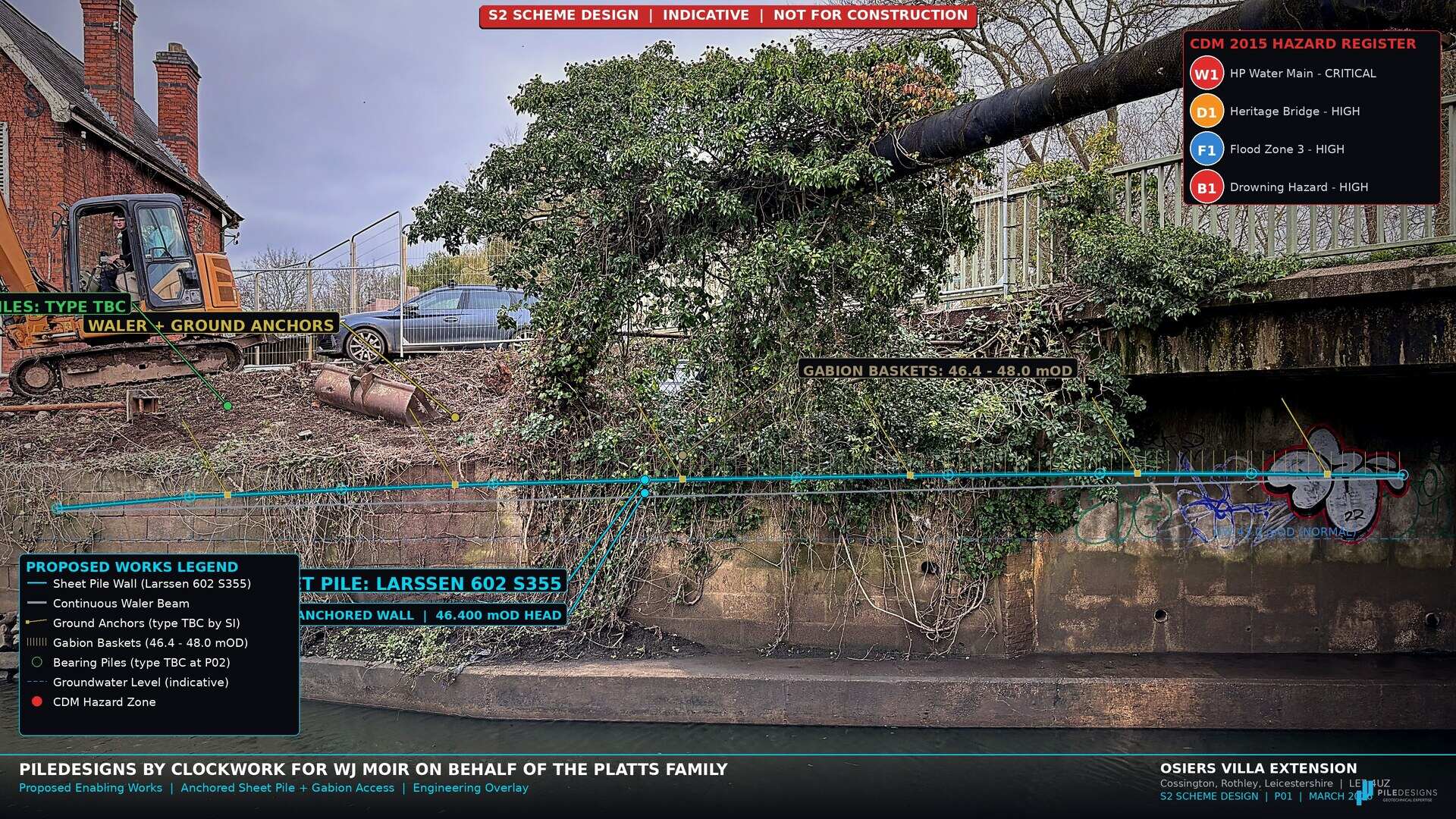 River wall retrofit site photograph with Clockwork engineering proposal overlaid